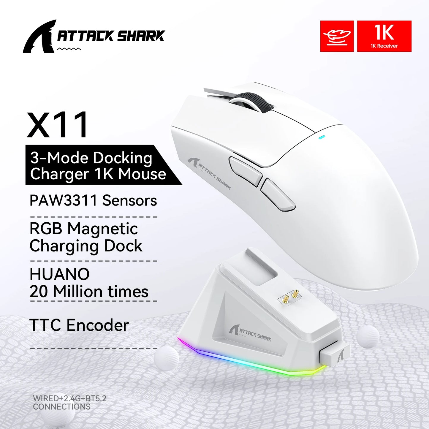 Attack Shark X11 Wireless Bluetooth Mouse,PAW3311 Three Mode 2.4G 400IPS RGB PC Gaming Mouse