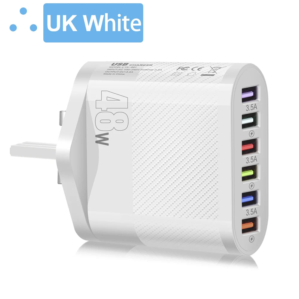Six in 1 6 Ports USB Charger Fast Charging Quick Charger For Samsung S23 S22 Xiaomi Mobile Phone Charge Adapter