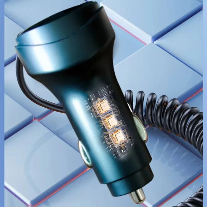 Fast Charging 55W Car Multi-function 2 Ports USB Car Charger Three In One USB Retractable Charging Cable with Voltage Display