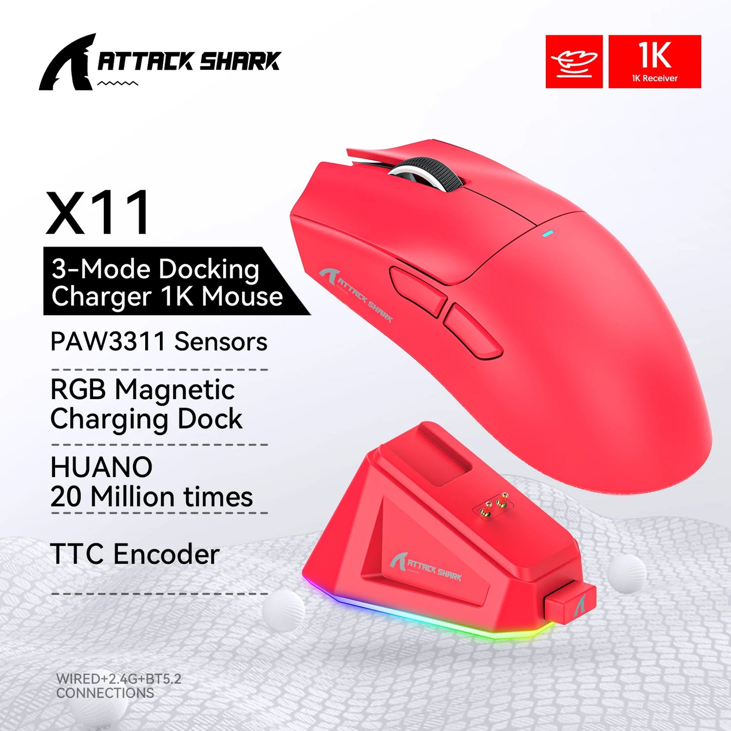 Attack Shark X11 Wireless Bluetooth Mouse,PAW3311 Three Mode 2.4G 400IPS RGB PC Gaming Mouse