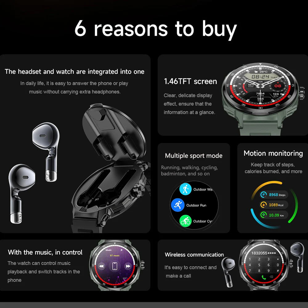 EFFEOKKI Smart Watch with Wireless Earbuds Round Screen Fitness Smartwatch for Men Compatible with iOS Android
