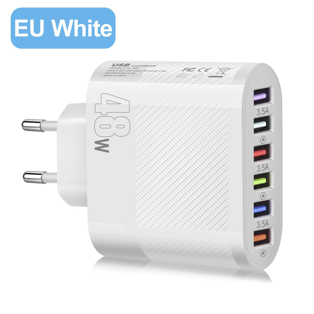 Six in 1 6 Ports USB Charger Fast Charging Quick Charger For Samsung S23 S22 Xiaomi Mobile Phone Charge Adapter
