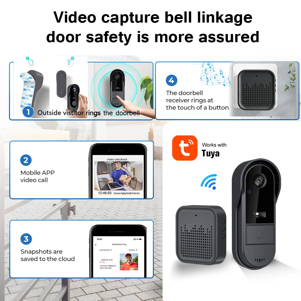 Tuya WiFi doorbell 2-way HD 1080P, microSD/cloud, waterproof, 1000mAh battery, long standby,Wireless Security Camera