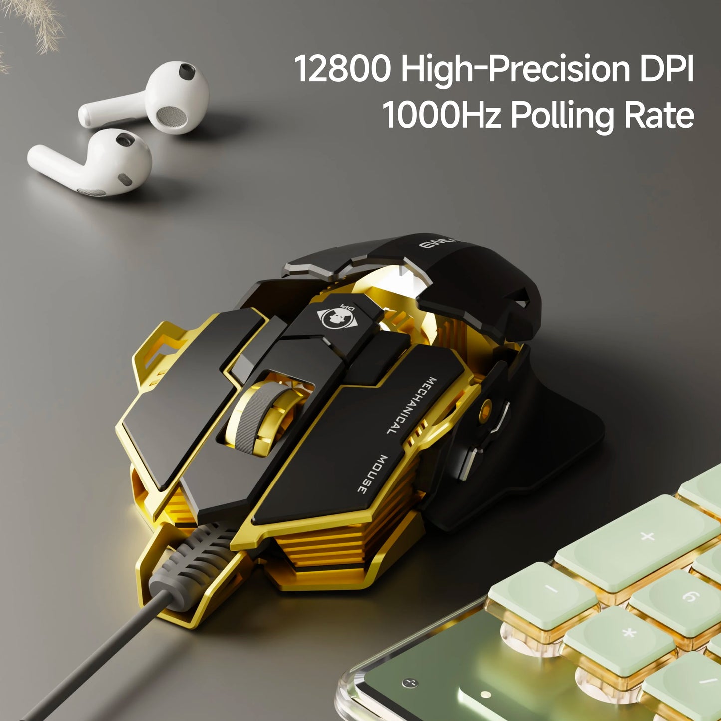EWEADN Wired Gaming Mechanical Mouse LED Backlight, Silent/Audible,12800 DPI, Office & Gaming, Compatible with Windows/Laptop