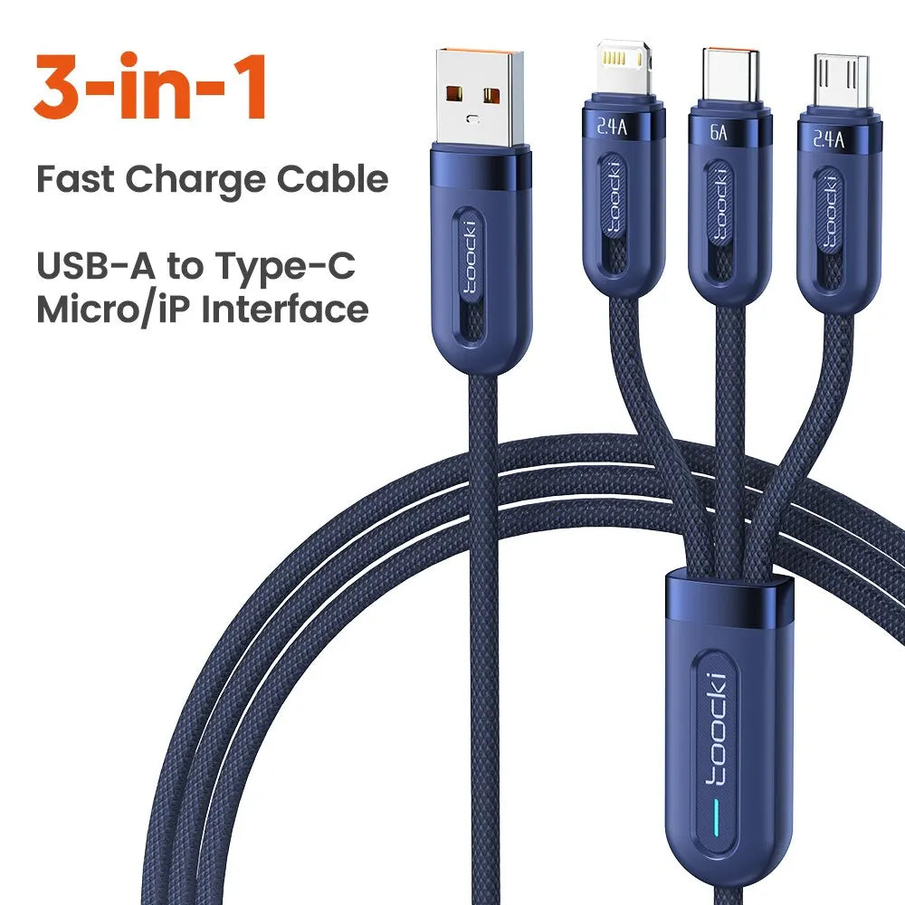 Toocki 6A 3in1 Fast Charging Cable USB Type C Type-C Mobile Phone Cable for iPhone X Xiaomi Oneplus Realme Poco USB Micro Cables