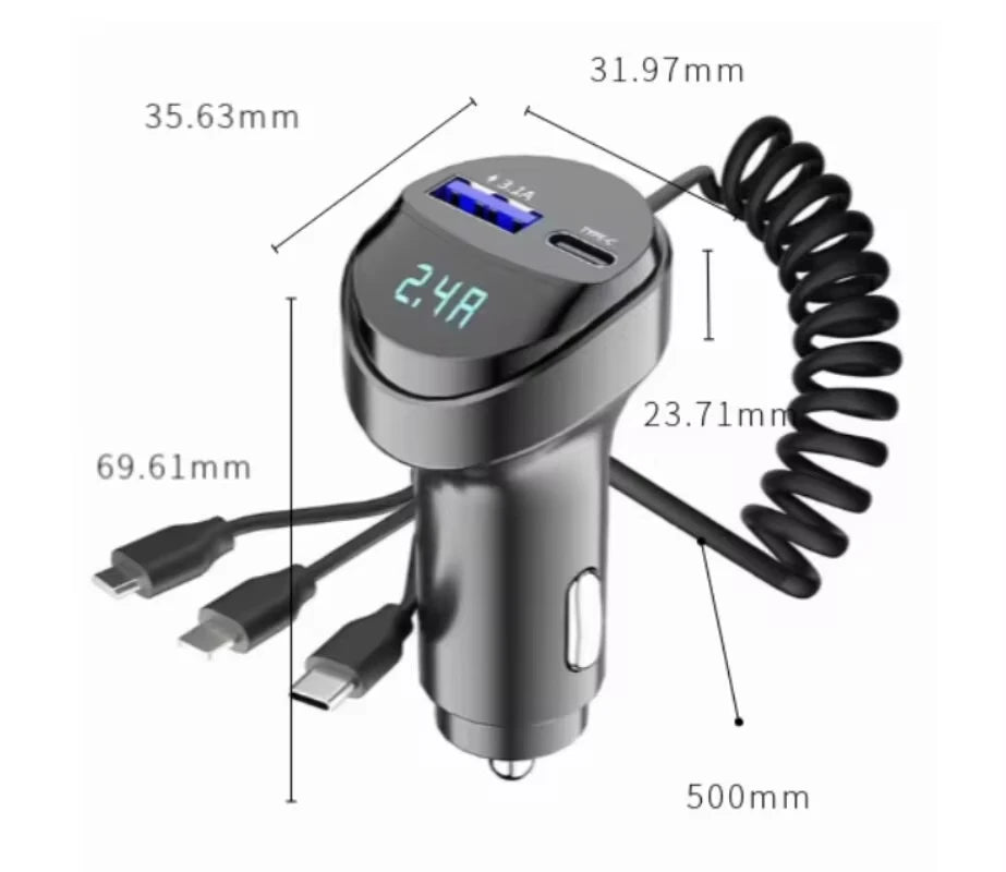 Fast Charging 55W Car Multi-function 2 Ports USB Car Charger Three In One USB Retractable Charging Cable with Voltage Display