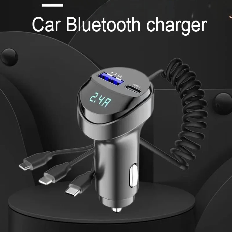 Fast Charging 55W Car Multi-function 2 Ports USB Car Charger Three In One USB Retractable Charging Cable with Voltage Display