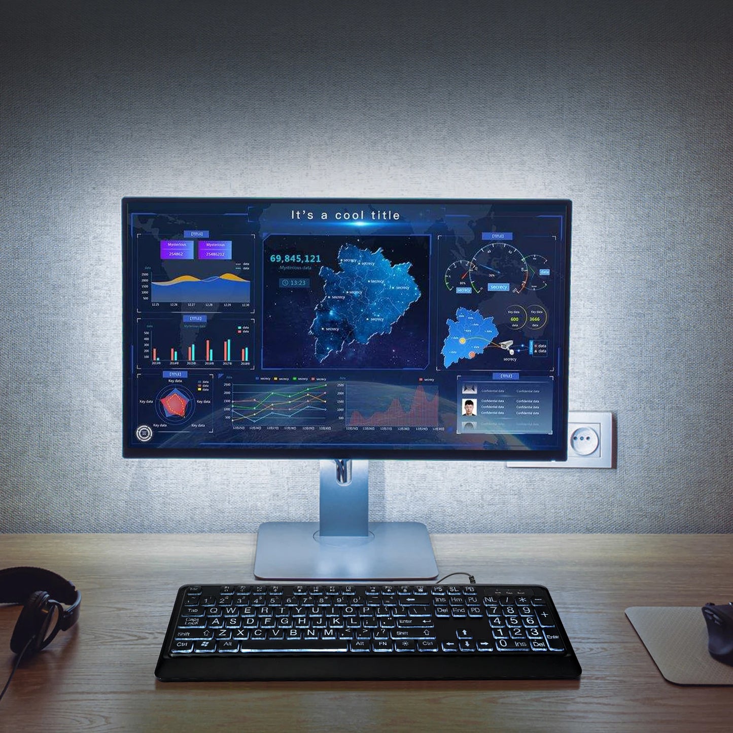 Large Print Backlit Keyboard, USB Wired Computer Keyboard, Full Size Keyboard with White Illuminated LED Compatible for Windows