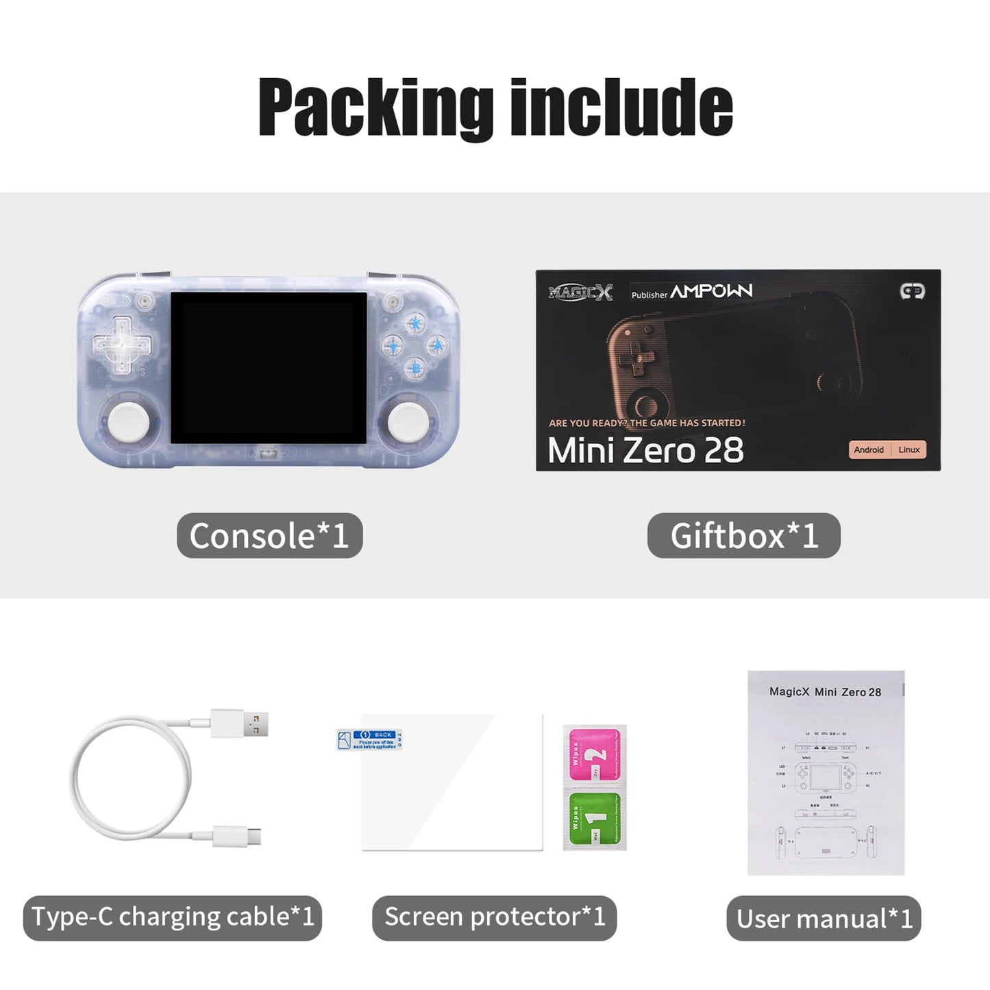 AMPOWN Mini Zero 28 Handheld Game Players Consoles 2900mAh 2.8 Inch IPS OCA Viewing Angle Portable Retro Video Game Android Gift