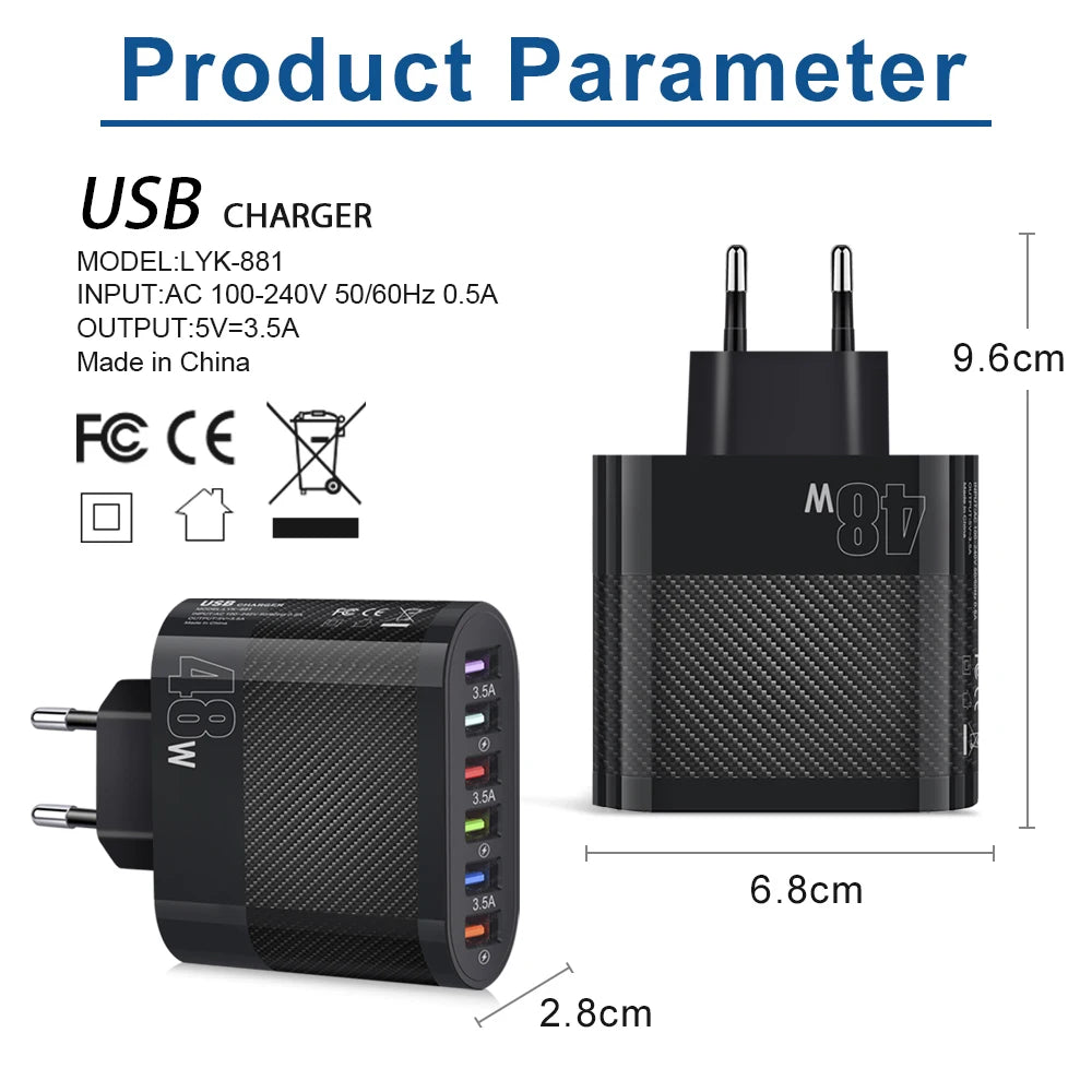 Six in 1 6 Ports USB Charger Fast Charging Quick Charger For Samsung S23 S22 Xiaomi Mobile Phone Charge Adapter