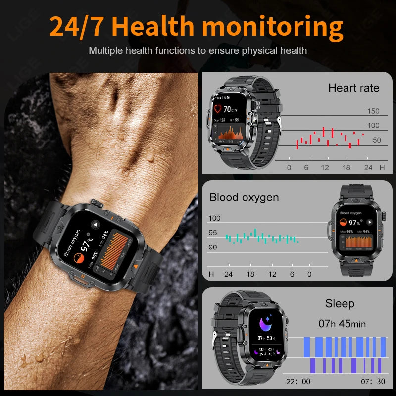 LIGE 2.01-inch HD Screen Men Smart Watch With Flashlight Outdoor Sports Men Watch IP68 Waterproof Health Monitor Call Smartwatch