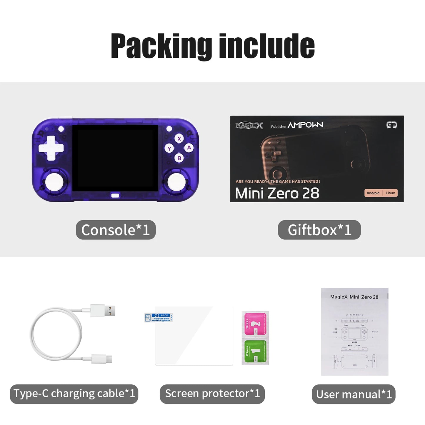 AMPOWN Mini Zero 28 Handheld Game Players Consoles 2900mAh 2.8 Inch IPS OCA Viewing Angle Portable Retro Video Game Android Gift