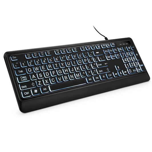 Large Print Backlit Keyboard, USB Wired Computer Keyboard, Full Size Keyboard with White Illuminated LED Compatible for Windows