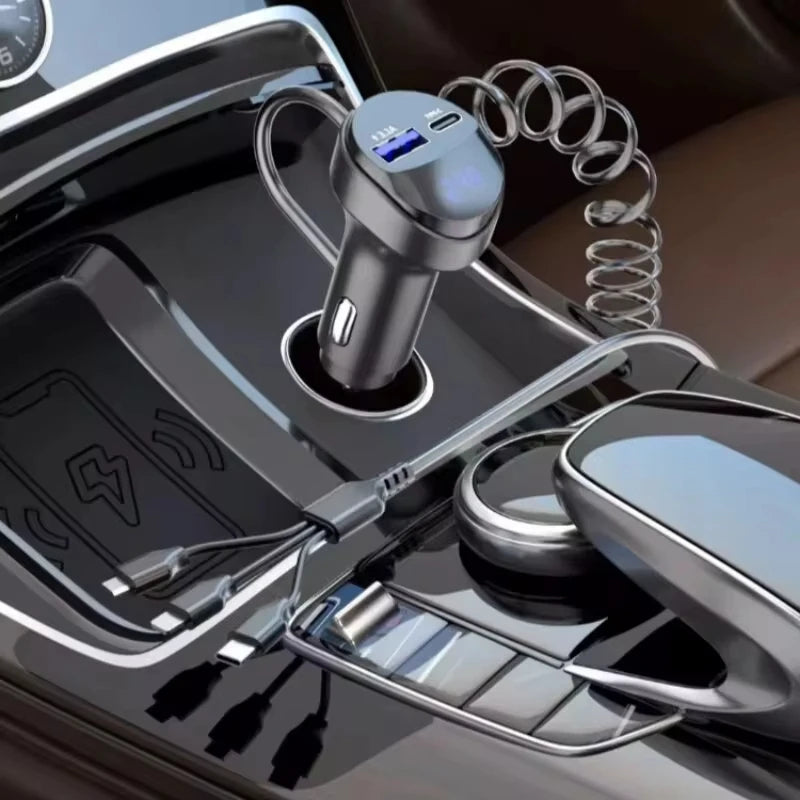 Fast Charging 55W Car Multi-function 2 Ports USB Car Charger Three In One USB Retractable Charging Cable with Voltage Display