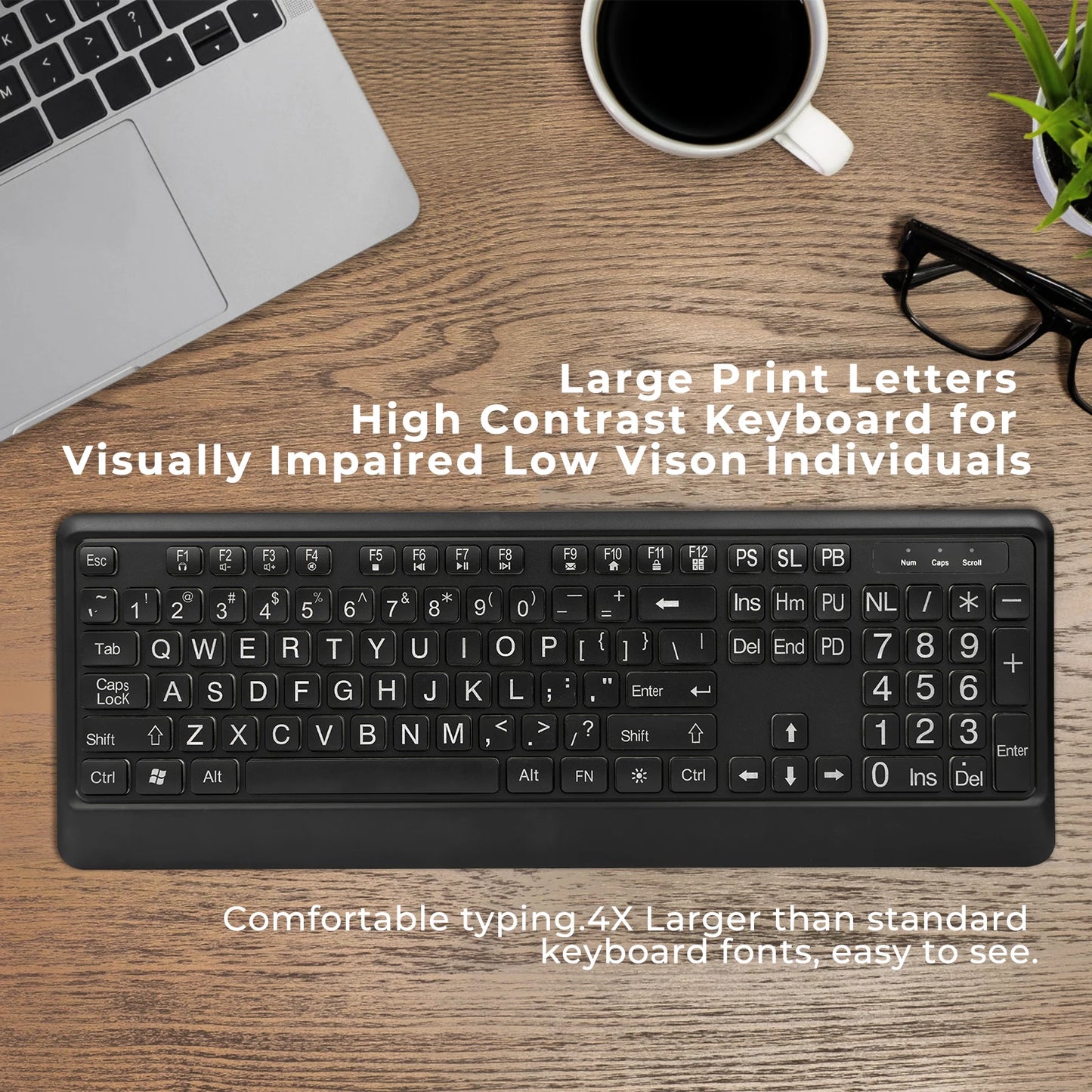 Large Print Backlit Keyboard, USB Wired Computer Keyboard, Full Size Keyboard with White Illuminated LED Compatible for Windows