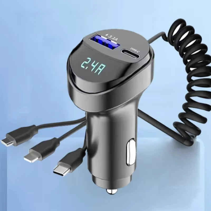 Fast Charging 55W Car Multi-function 2 Ports USB Car Charger Three In One USB Retractable Charging Cable with Voltage Display