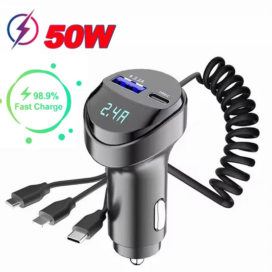 Fast Charging 55W Car Multi-function 2 Ports USB Car Charger Three In One USB Retractable Charging Cable with Voltage Display