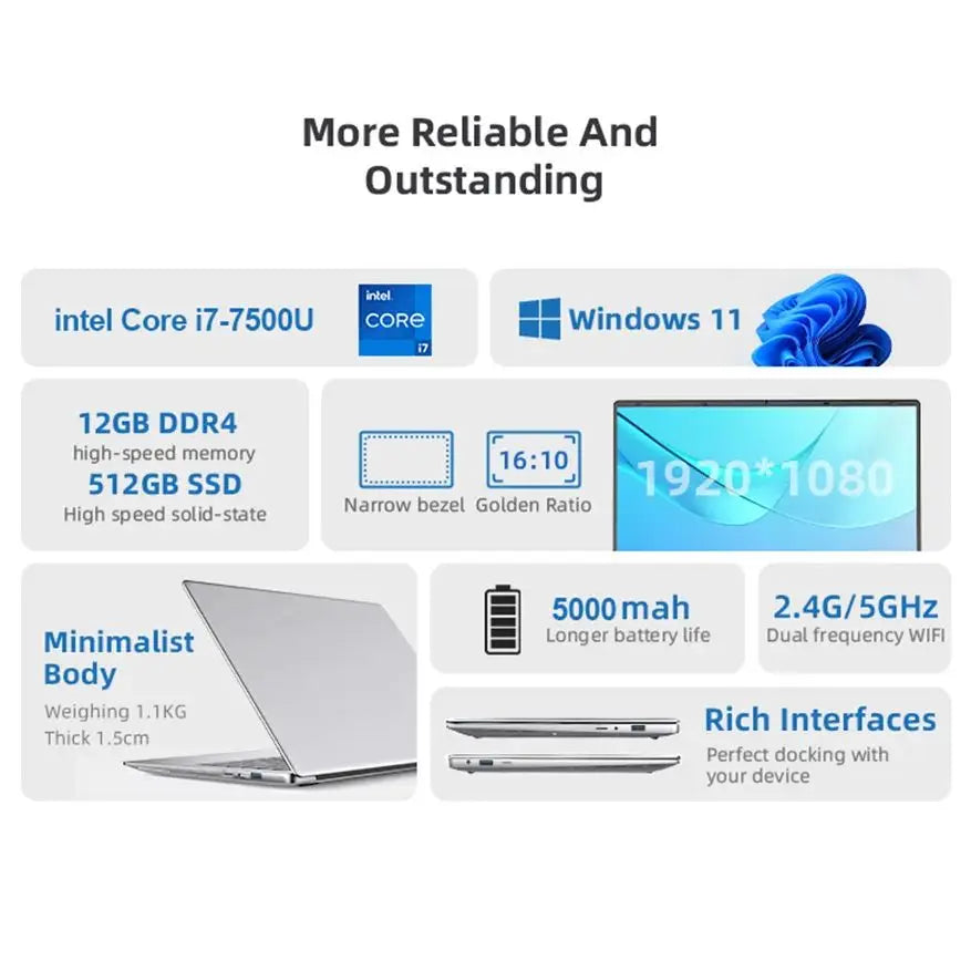 14.1 inch Laptop Computer intel core i7-7500U Windows 11 Portable Notebook 12GB DDR4 1TB 2TB SSD 1920*1080 Office Study Computer