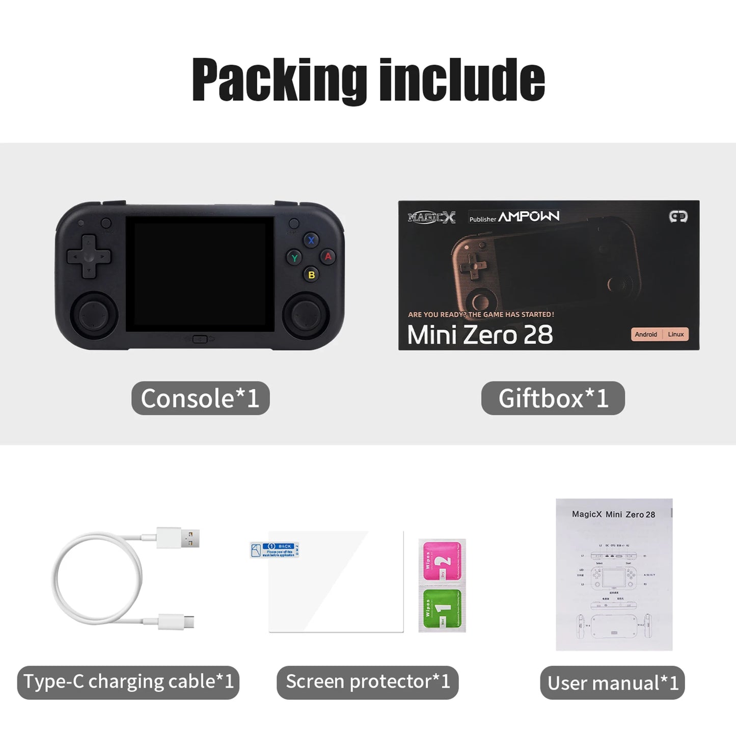 AMPOWN Mini Zero 28 Handheld Game Players Consoles 2900mAh 2.8 Inch IPS OCA Viewing Angle Portable Retro Video Game Android Gift