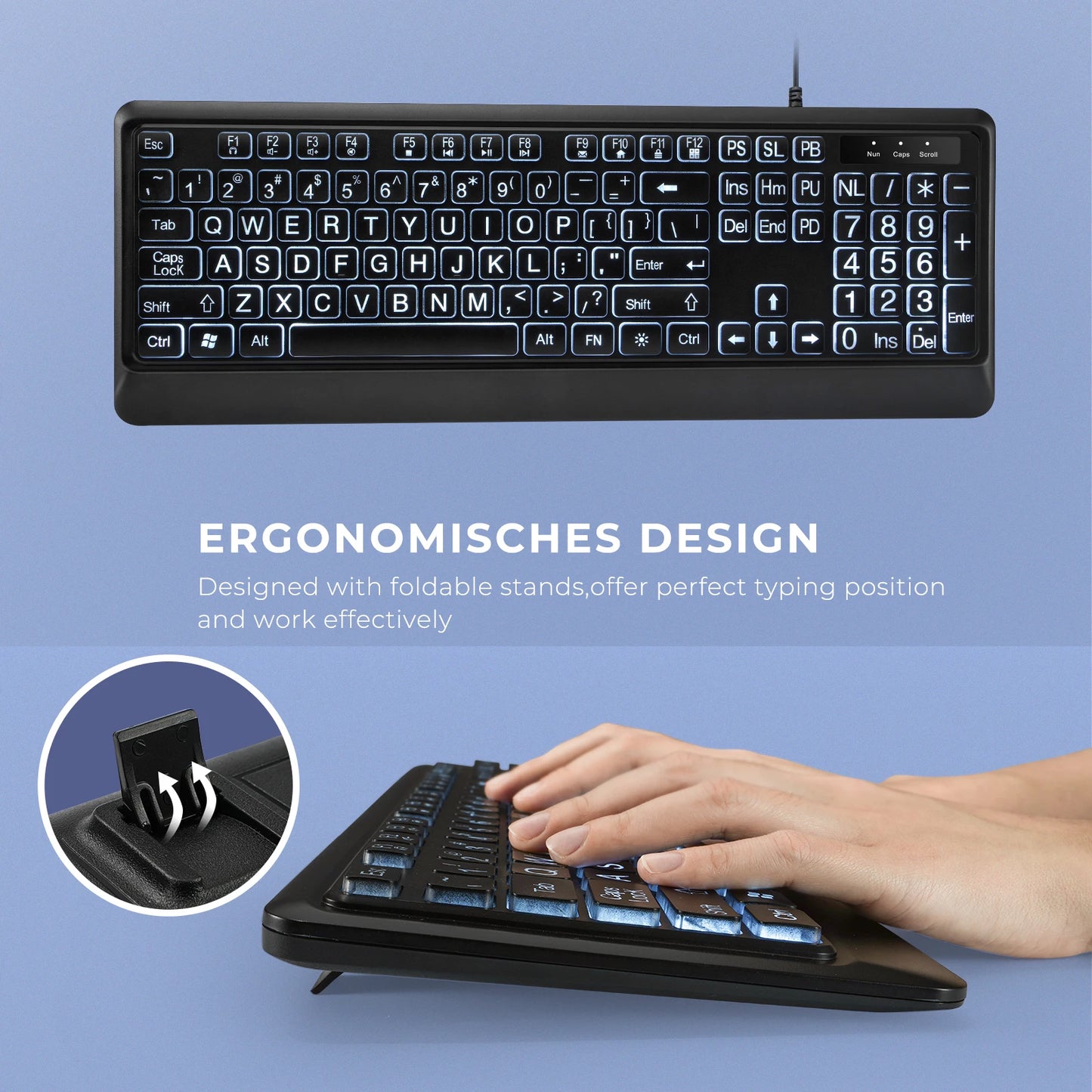Large Print Backlit Keyboard, USB Wired Computer Keyboard, Full Size Keyboard with White Illuminated LED Compatible for Windows