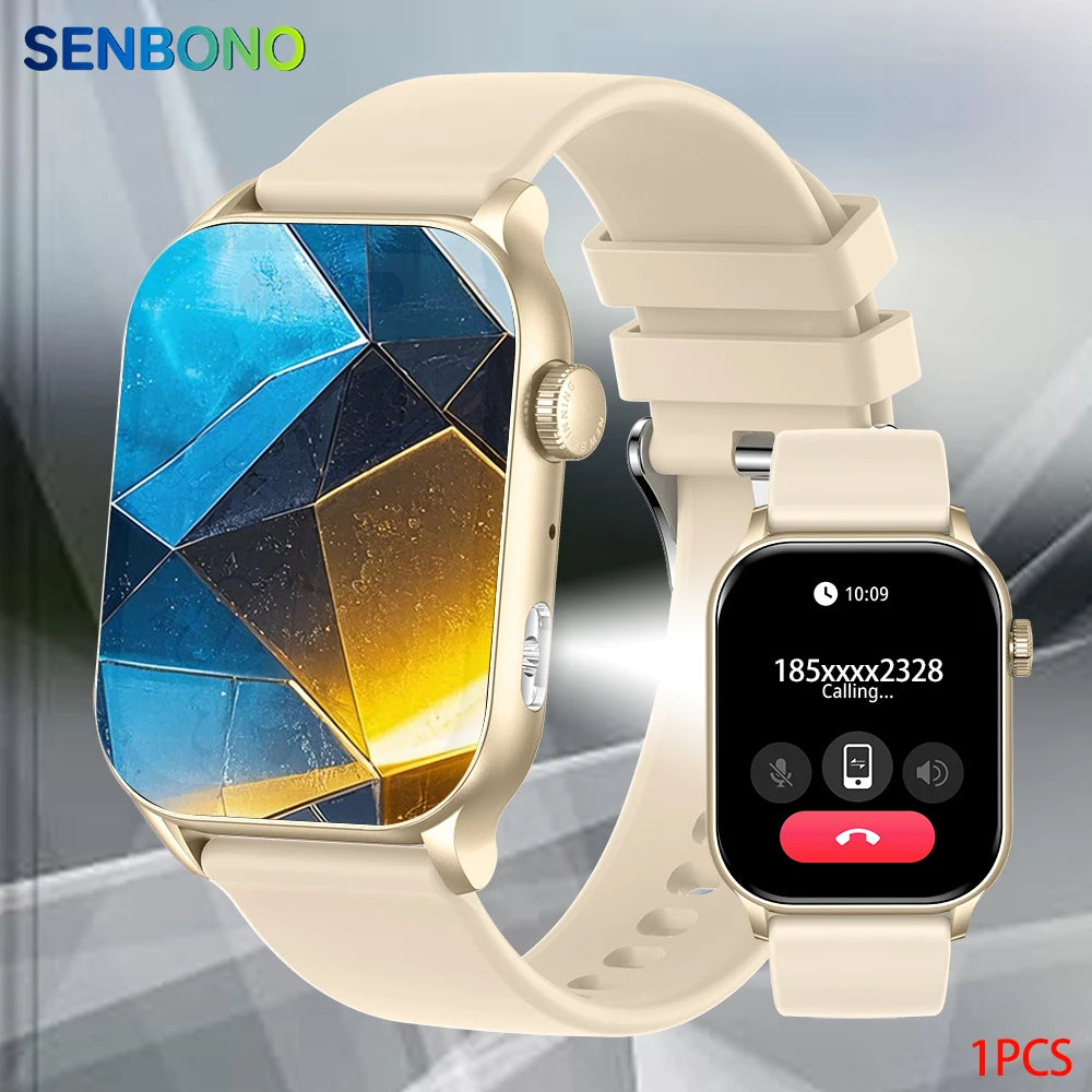 SENBONO AMOLED Smart Watch Bluetooth Call LED Flashlight 100+ Sport Modes Custom Dial AI Assistant Smartwatch for Men Women