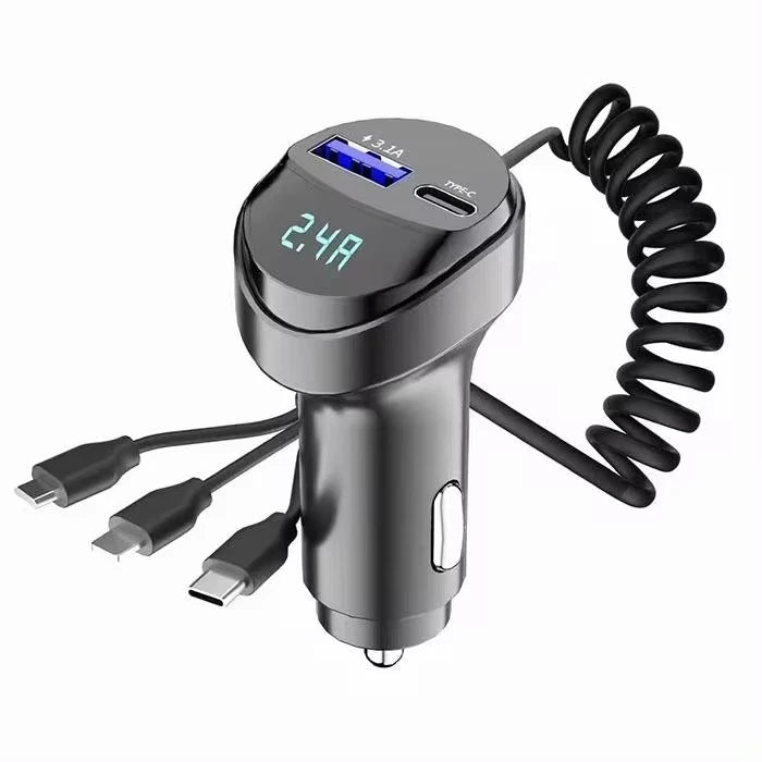 Fast Charging 55W Car Multi-function 2 Ports USB Car Charger Three In One USB Retractable Charging Cable with Voltage Display